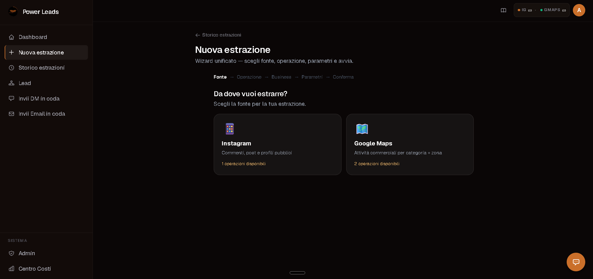 Wizard nuova estrazione: scegli la fonte Instagram o Google Maps